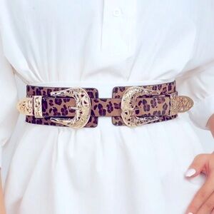 Leopard Belt .Retro Hollow Double Buckle Elastic Adjustable Waistband belt